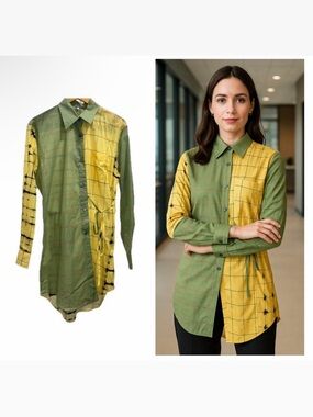 Loewe Green Yellow Blouse Top Silk Blend Plaid Wrap Shirt 8 Work Casual Bow 🟡